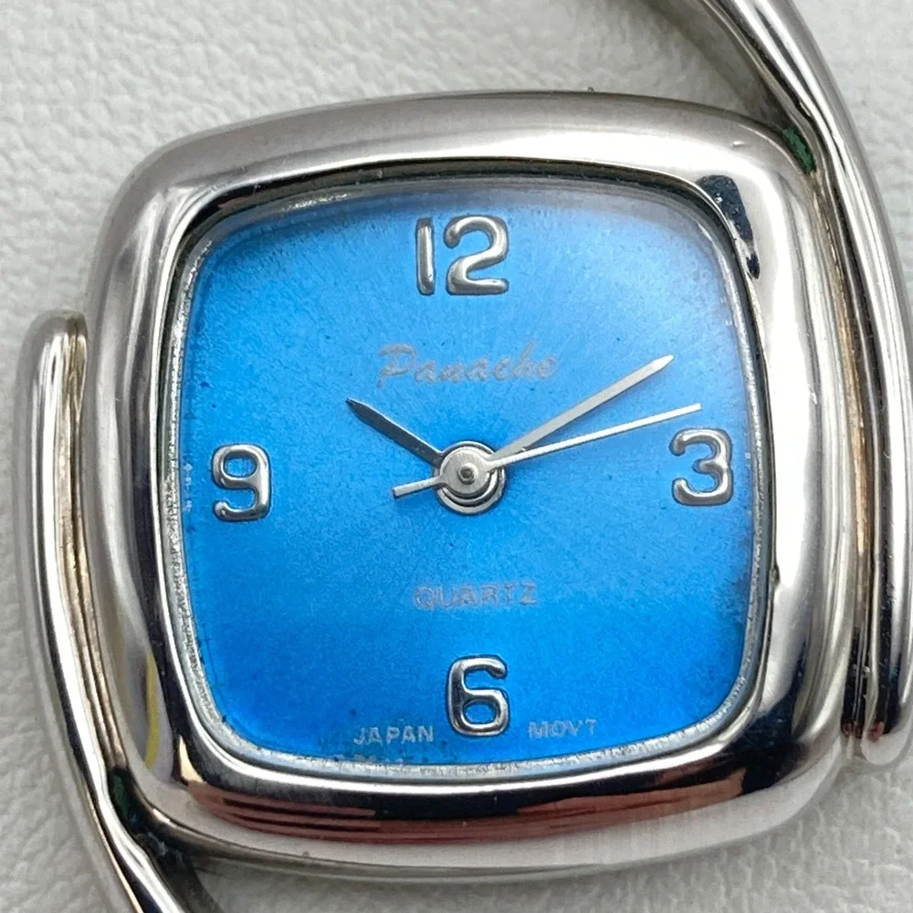Panache Women's Watch Silver Tone Cuff Asymmetrical Blue New Battery SMALL 6